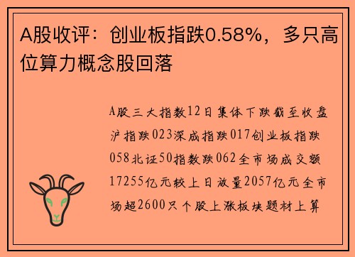 A股收评：创业板指跌0.58%，多只高位算力概念股回落