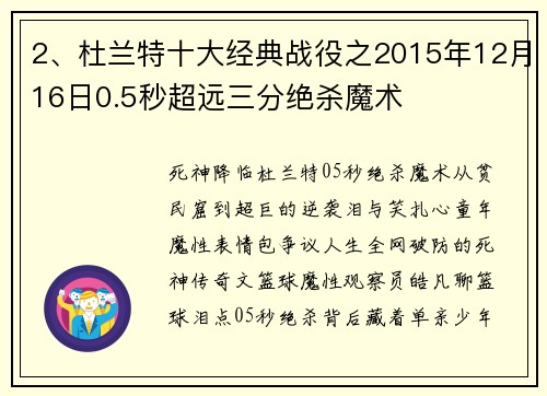 2、杜兰特十大经典战役之2015年12月16日0.5秒超远三分绝杀魔术