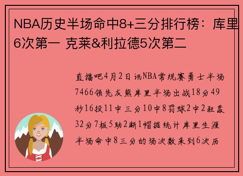 NBA历史半场命中8+三分排行榜：库里6次第一 克莱&利拉德5次第二
