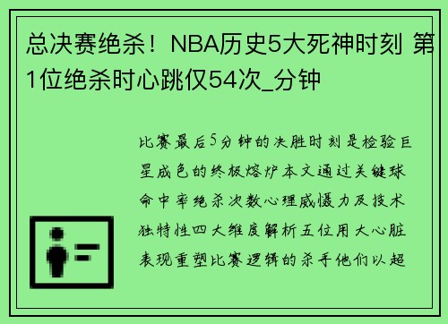 总决赛绝杀！NBA历史5大死神时刻 第1位绝杀时心跳仅54次_分钟