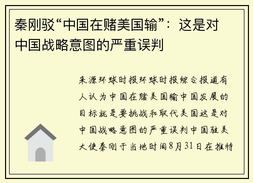 秦刚驳“中国在赌美国输”：这是对中国战略意图的严重误判
