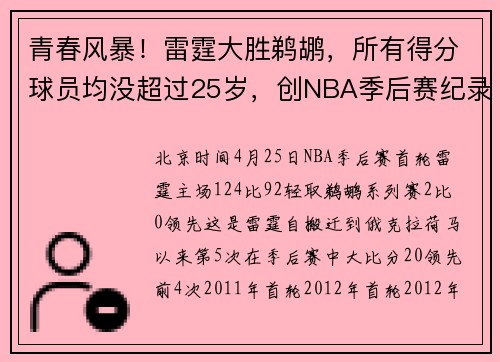 青春风暴！雷霆大胜鹈鹕，所有得分球员均没超过25岁，创NBA季后赛纪录