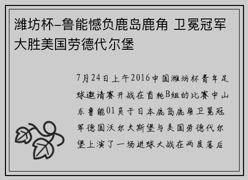 潍坊杯-鲁能憾负鹿岛鹿角 卫冕冠军大胜美国劳德代尔堡